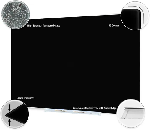 Miniatura 3 de Pizarra blanca magnética de vidrio negro, pizarra de borrado en seco de vidrio negro de 4 x 3 pies, pizarra blanca de vidrio templado sin marco