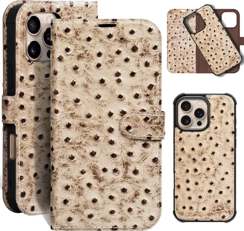 Miniatura 38 de Funda de cuero compatible con iPhone 16 Pro Max Cartera 6.9", cuero genuino 2 en 1, magnética, desmontable, a prueba de golpes, funda tipo folio