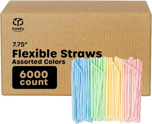 Comfy Package [Caja de 6,000] Pajitas de plástico de alta flexibilidad de 7.75 pulgadas, pajitas desechables para beber - Colores surtidos a rayas