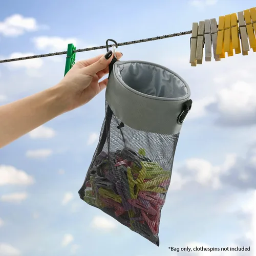 Miniatura 6 de Bolsa de malla con ganchos para colgar ropa con cierre de cordón, soporte para pinzas para ropa, ventilación y resistencia a la humedad, organizador