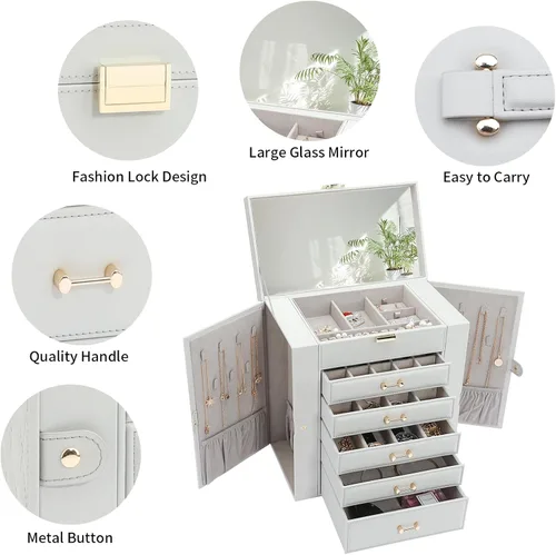 Miniatura 4 de V-LAFUYLIFE Joyero grande, organizador de joyas con 5 cajones, cajas de joyería de 6 niveles, organizador de joyas con espejo, cajas de joyería