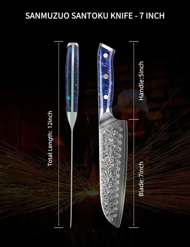 Miniatura 4 de Cuchillo Santoku - 17,78 cm - Serie Xuan - Cuchillo de cocina de acero VG10 Damasco - Mango de resina (Azul zafiro)