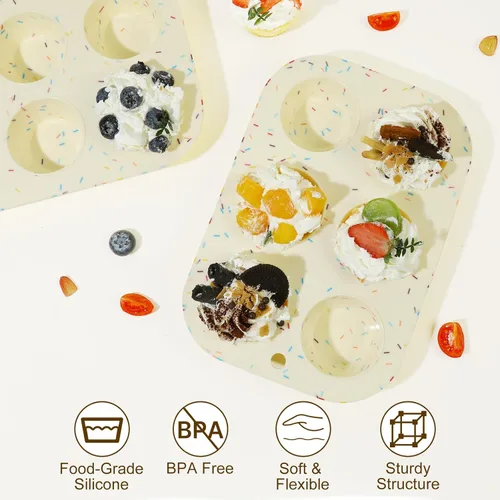Miniatura 6 de 2 Pack Molde de silicona para magdalenas para hornear, molde de cupcakes antiadherente de tamaño normal, molde de silicona para magdalenas de 6 Crema