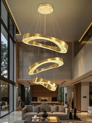 Miniatura 9 de Flashing God Lámpara de Araña Grande para Techo Alto, Lámpara de Araña de Cristal Moderna de 5 Anillos para Entrada, Accesorios de Iluminación