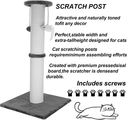 Miniatura 8 de Poste rascador para gatos Ahomdoo de 34 pulgadas, poste rascador para gatos resistente y más grueso de sisal con bola colgante y poste rascador