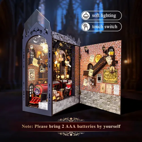 Miniatura 4 de Kit de rincón de libro de estación de tren retro, rompecabezas de casa de muñecas en miniatura 3D con luz LED, apto para principiantes para adultos