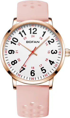 BOFAN Reloj de enfermera para profesionales médicos, estudiantes, médicos con esfera fácil de leer, segunda mano y 24 horas, banda de silicona suave