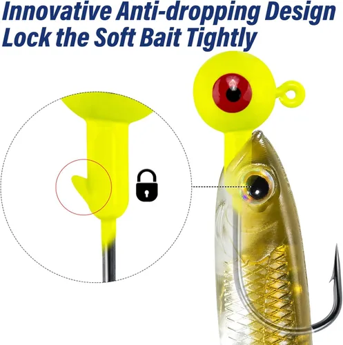 Miniatura 3 de Alwonder Paquete de 10 cabezas redondas de pesca, ganchos de róbala de lubina, ojos 3D, acero de alto carbono, 1/8-1/2 onzas, cabeza de plantilla