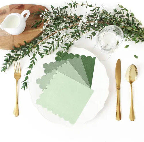 Miniatura 6 de Whaline Paquete de 200 servilletas de cóctel de color verde salvia, servilletas de papel de color degradado verde salvia con bordes festoneados