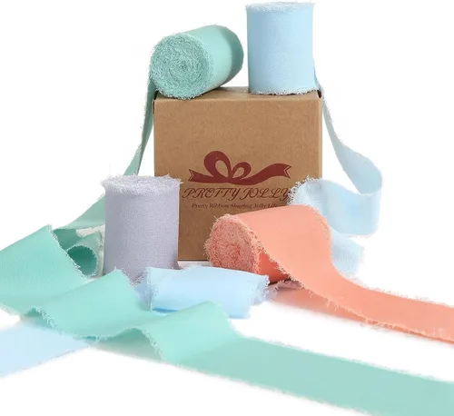 Miniatura 28 de Pretty Jolly Cinta de gasa beige para envolver regalos, 3 rollos de 2 pulgadas x 7 yardas, cinta de tela de seda hecha a mano con flecos para ramo