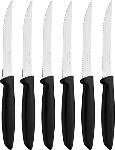 Tramontina 23498054 - Juego de 6 cuchillos de cocina dentados con frutas y tomates, pelador de verduras, acero inoxidable, multiusos, punta Negro