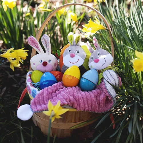 Miniatura 5 de HABA Juguete de mordedor y agarre de conejito – Primer relleno sensorial de cesta de Pascua y conejo de Pascua juguete de dentición para bebés de 6