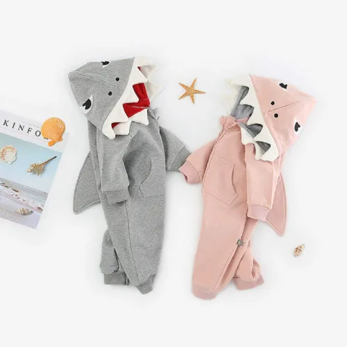 Miniatura 6 de ALLAIBB Disfraz de tiburón para bebé, mameluco de algodón con dibujos animados 3D, lindo overol con capucha para bebés, niños y niñas, 3-24 meses