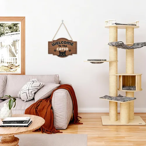 Miniatura 3 de HLNIUC Letrero de madera con texto en inglés «Welcome To The Catio» (11 x 8 pulgadas), divertido diseño de gatos negros, bonitos letreros de puerta