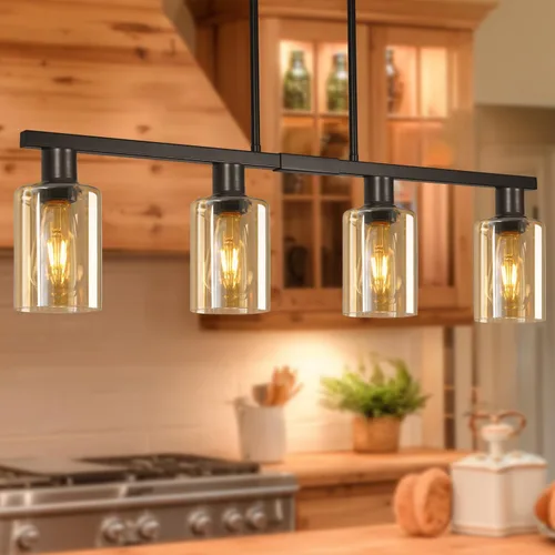 Miniatura 12 de Iluminación de isla de cocina de 4 luces, lámpara cromada para comedor, luz de isla para colgar sobre la mesa para candelabros lineales de granja