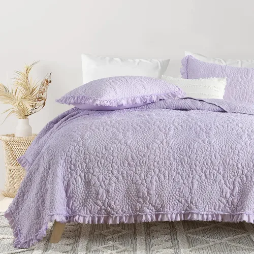 Miniatura 10 de HORIMOTE HOME Edredón beige con volantes, tamaño individual, microfibra lavada a la piedra, ligera, arrugada, rústica, desgastada, elegante, 2