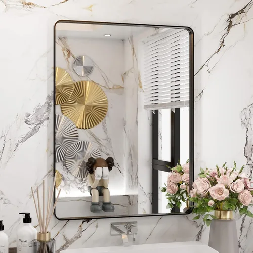 Miniatura 56 de WEER - Espejo de baño dorado, espejo de 40x32 pulgadas con marco de metal dorado cepillado, espejo de tocador de baño de oro para pared