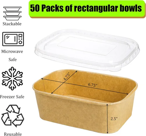 Miniatura 2 de Yesland Paquete de 50 cuencos rectangulares de papel kraft compostables, 25 onzas, aptos para microondas y congelador, reutilizables, perfectos