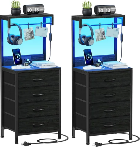 Miniatura 11 de Furnulem Mesita de noche alta con estación de carga, mesitas de noche con luces LED y estantes de almacenamiento, mesa auxiliar de cama para Roble