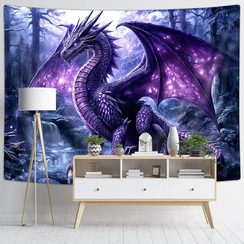 Miniatura 3 de Arte de dragón morado, fantasía mágica medieval con animales geniales para colgar en la pared para dormitorio, sala de estar, decoración