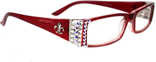 The French, (Bling) Fleur De Lis Women Reading Glasses Adorned with (Clear + Aurora Borealis) Austrian Crystals, Magnifying (Transparent Red)