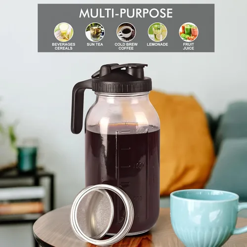 Miniatura 6 de Cafetera helada en tarro de cerveza fría, vidrio duradero, 64 onzas (2 cuartos de galón/1.9 litros), con asa y filtro de acero inoxidable para café