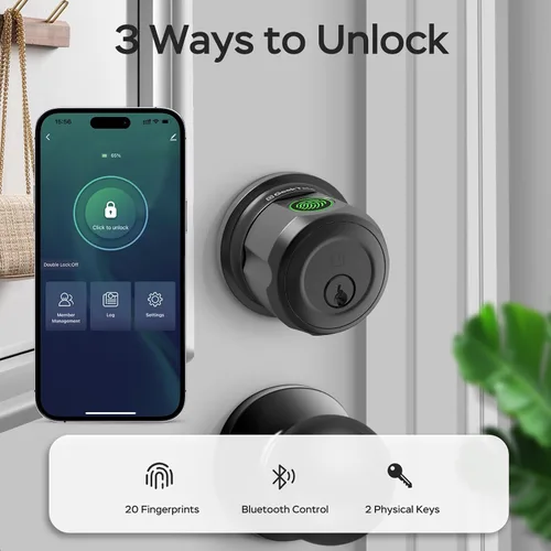 Miniatura 2 de GeekTale Cerradura inteligente de cerrojo con perilla de paso, cerrojo de huellas dactilares con aplicación, girar para bloquear y desbloquear