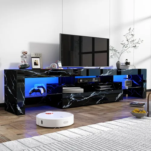 Miniatura 9 de St.Mandyu Soporte de TV LED para TV de 65/75/85 pulgadas, centro de entretenimiento moderno de alto brillo con cajón y luces LED, mesa de televisión
