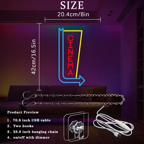Miniatura 4 de Letrero de Neón de Cine Flecha de Luz de Neón para Decoración de Pared Luces de Neón LED para Cine Luces de Neón LED para Teatro en Casa Sala