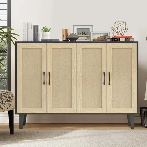 Miniatura 2 de Panana Armario de almacenamiento de buffet con decoración de ratán 4 puertas, aparador de cocina para sala de estar, 48.43 x 34.65 x 15 pulgadas