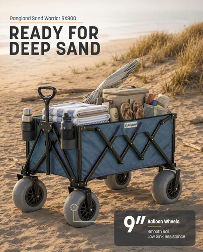 Miniatura 2 de Carro de playa con ruedas grandes para arena, carrito utilitario con marco de acero todo terreno con neumáticos de 9 pulgadas, diseño plegable