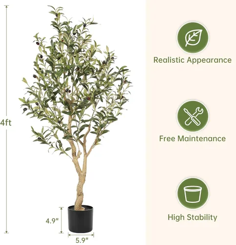 Miniatura 4 de Realead Árbol de olivo sintético de 4 pies – Plantas realistas de olivo de interior – Olivo falso con tronco grueso y frutas realistas – Olivos