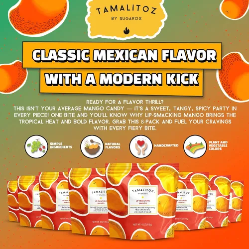 Miniatura 3 de Tamalitoz - Mango para masticar labios, caramelo duro mexicano de mango picante relleno de chile, lima y sal marina, caramelo de fruta hecho a mano