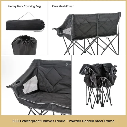 Miniatura 6 de ARROWHEAD OUTDOOR Silla de camping plegable portátil doble Duo con 2 tazas y soporte para copas de vino, bolsa de transporte, soporta hasta 650