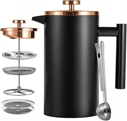 Miniatura 11 de Prensa Francesa Pequeña 350ml Negra, Prensa Francesa de Acero Inoxidable con Pared Doble Aislada para Viaje y Camping, Cafetera de Café Colado