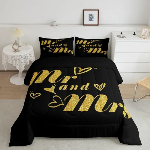 Miniatura 13 de Erosebridal Juego de edredón para parejas, juego de ropa de cama tamaño individual con lentejuelas doradas con purpurina dorada, edredón acolchado