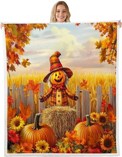 Miniatura 16 de Manfei Hello Fall Throw Blanket Pumpkin Maple Leaf Plaid Patchwork Fleece Blanket Autumn Theme Cozy Throws for Bed Couch Sofa,Kids Boys Girls Room