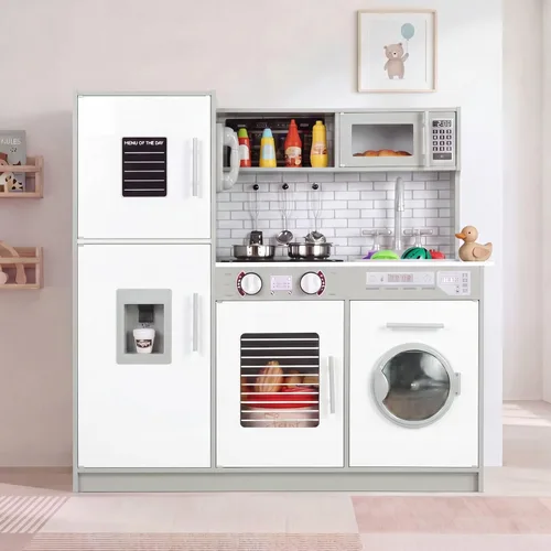 MAMIZO Cocina de juego para niños, cocina de juguete de chef de madera de simulación con lavadora, dispensador de agua, estufa, sonido y luz reales,