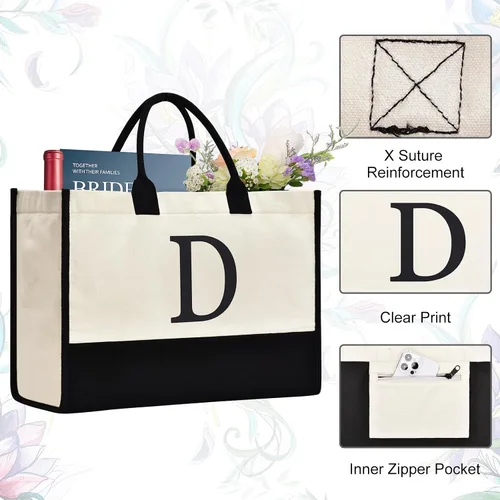 Miniatura 11 de Initial Canvas Tote Bag Birthdays Gift for Women Mom Teacher Friend Bridesmaid,Custom for Wedding Beach Holidays