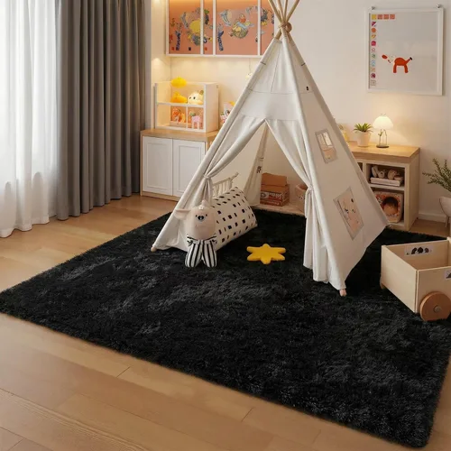 JUNOVO - Alfombra de área lavable, antideslizante, alfombras ultra suaves de 4 x 5.3 pies, alfombras esponjosas para dormitorio, niños, niñas, Azul