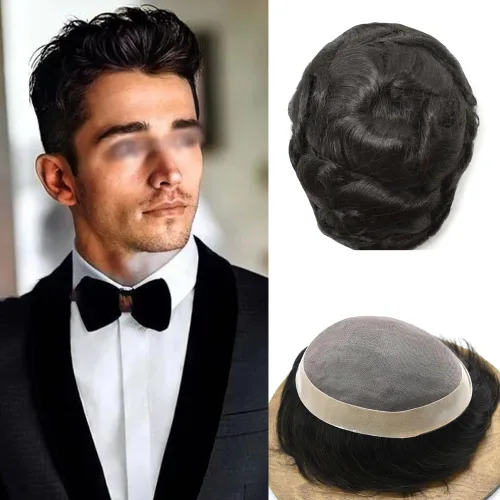 Miniatura 10 de Toupee para hombre europeo cabello humano tupé para hombres fino mono sistema de cabello para hombre sistema de reemplazo de cabello para hombres