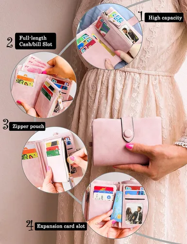 Miniatura 5 de CONISY Billeteras pequeñas de pulsera para mujer, billetera de cuero plegable RFID con ventana de identificación y cremallera Small, Bifold, RFID