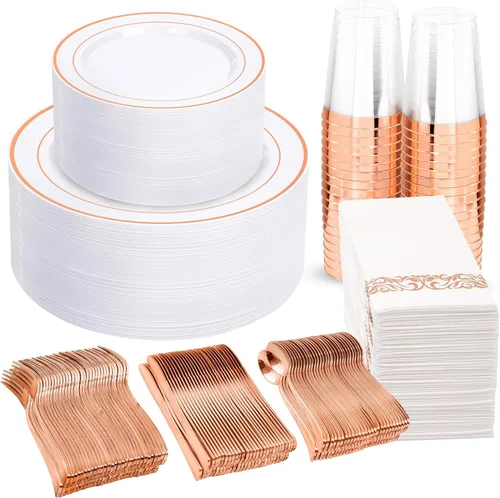 Miniatura 13 de WELLIFE 350 platos de plástico dorado transparente, 100 platos desechables, 150 cubiertos de plástico, 50 tazas, 50 servilletas para bodas y fiestas