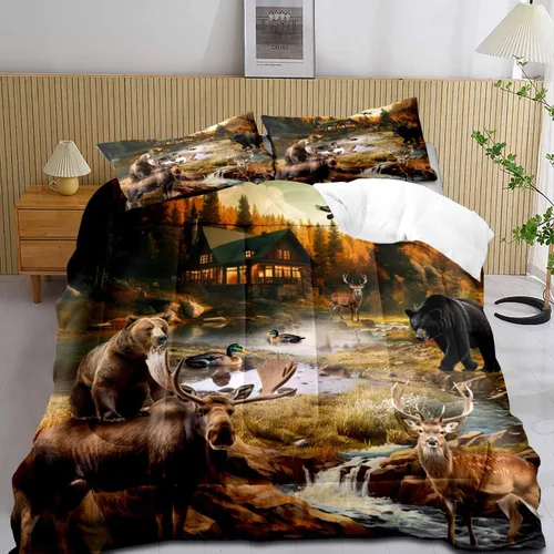 Miniatura 20 de LUVIVIHOME Juego de edredón de 3 piezas con diseño de osos negros y ciervos tamaño King, con estampado de alces, alces, patos Mallard, animales Oso