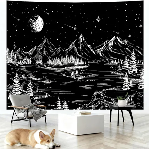 Miniatura 4 de Apdidl Tapiz en blanco y negro de noche estrellada, tapices de montaña para dormitorio, tapiz estético de luna y estrellas, tapiz de pared