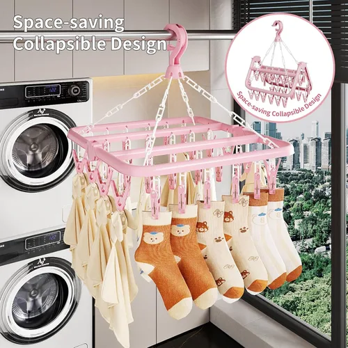 Miniatura 8 de Tendedero de Ropa con 32 Pinzas, Tendedero Colgante Plegable, Gancho Giratório de 360° para Secar Calcetines, Ropa de Bebé, Toallas, Guantes