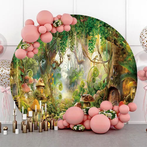 AOFOTO Cubierta de fondo redonda de bosque encantado de 7 x 7 pies, diseño de selva mágica, cuento de hadas, setas, casa de árbol, fantasía, país de