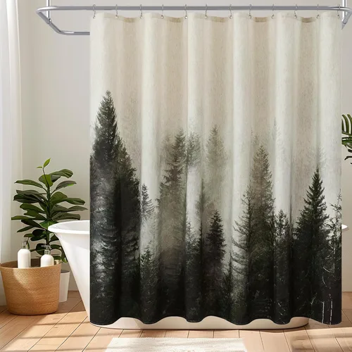 Miniatura 10 de ORTIGIA Cortina de ducha con diseño de bosque de montaña, tela de lino de mezcla pesada, árbol natural negro, cortina de baño de bosque brumoso, 60