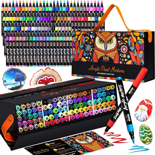 Aen Art Marcador de pintura acrílica de 100 colores, punta de pincel de precisión, para trabajo en papel, pintura roca, piedra, madera, vidrio,