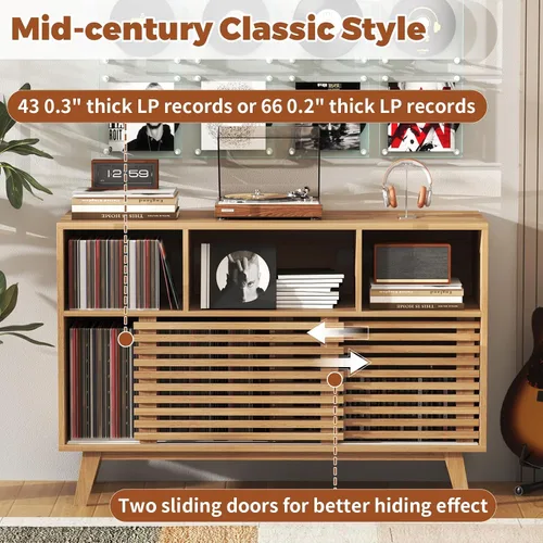 Miniatura 3 de Soporte grande para tocadiscos de 47 pulgadas con puertas corredizas, moderno gabinete de almacenamiento de discos de vinilo de mediados de siglo